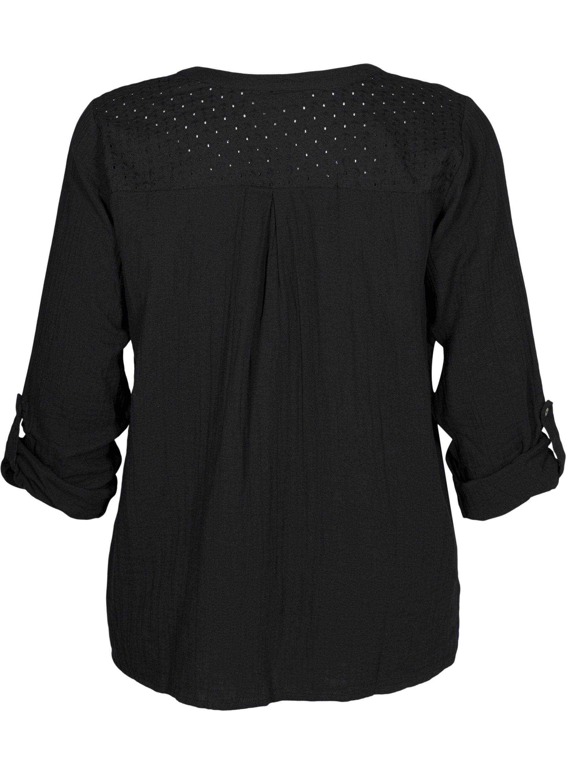 Zizzi Bomullsbluse med engelsk broderi og 3/4-ermer, Black, Packshot image number 1