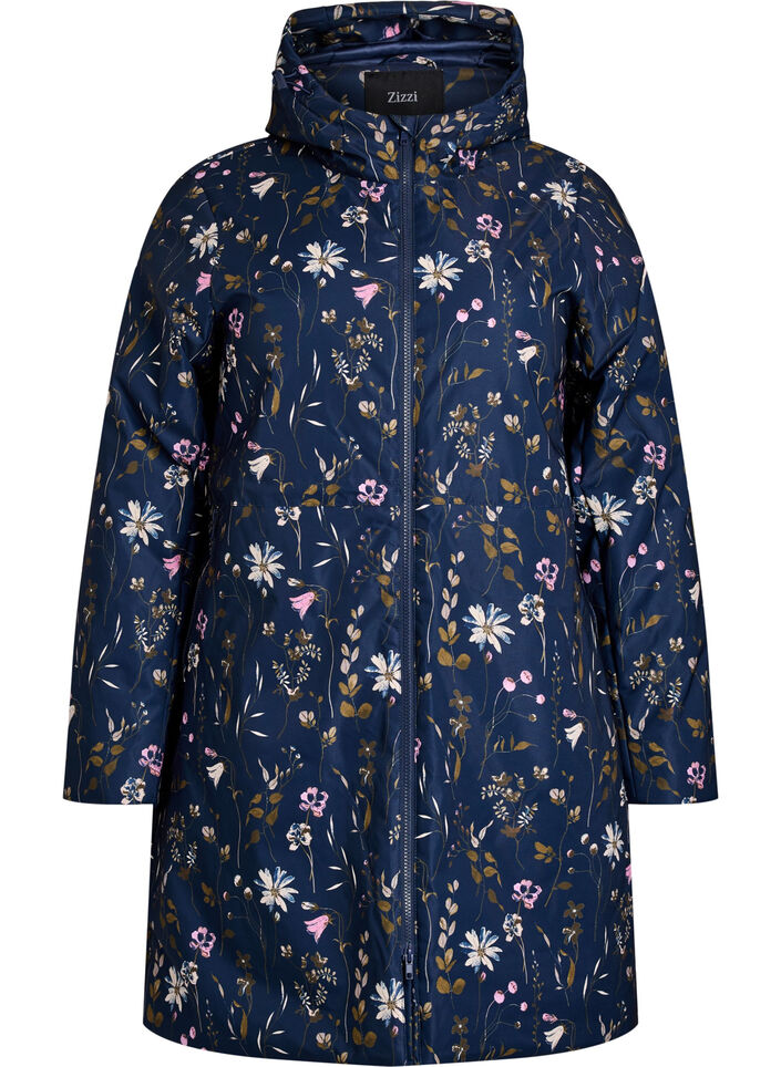 Polstret vinterjakke med blomstertrykk, Bl&aring;, Packshot image number 0