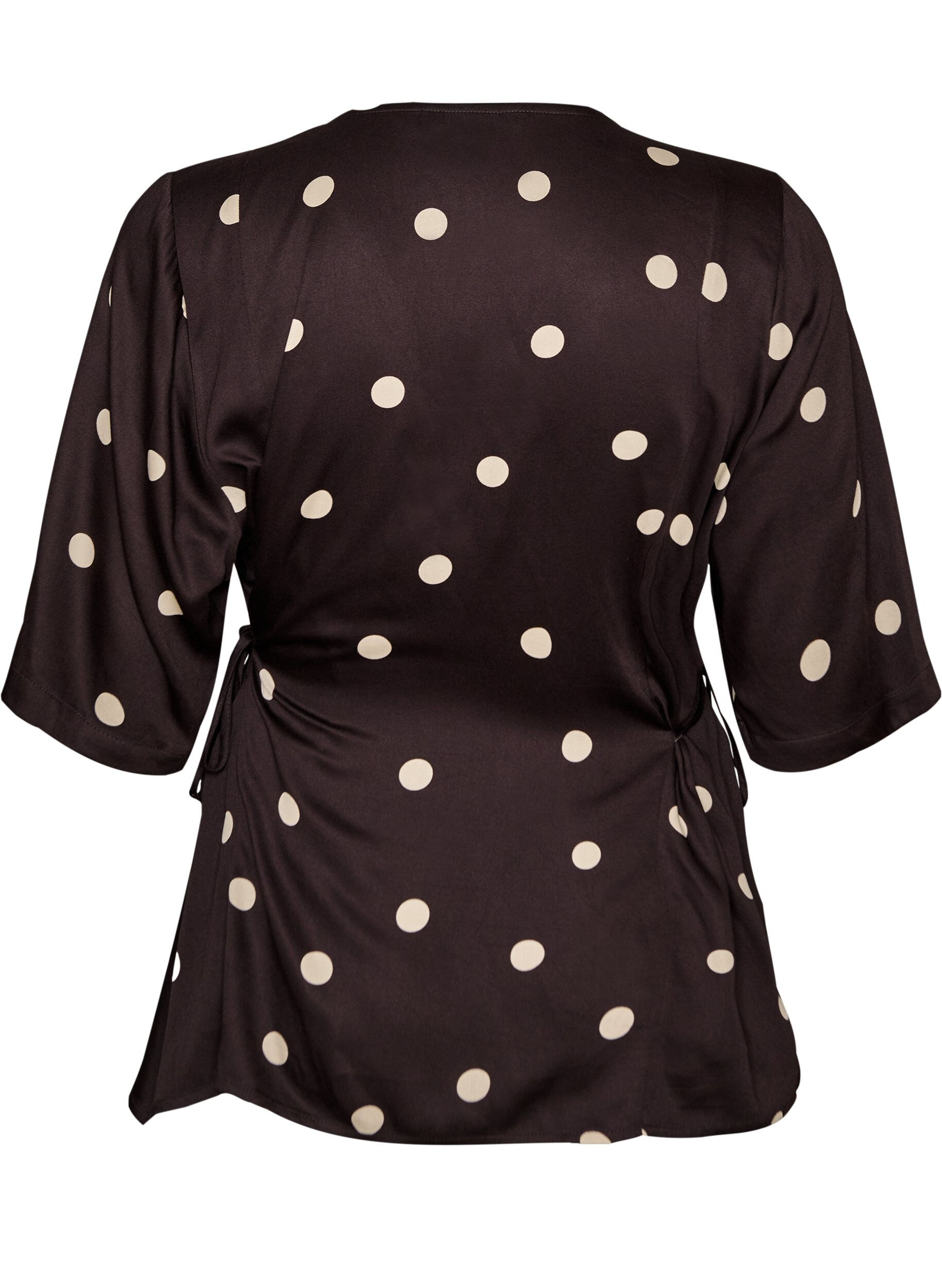 ZizziPolkadot viskosebluse med V-hals og knytelukking, Brun, Packshot image number 1