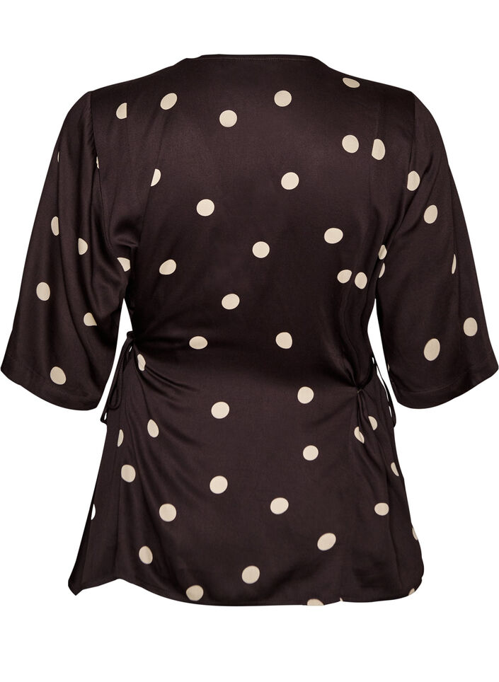 Polkadot viskosebluse med V-hals og knytelukking, Brun, Packshot image number 1