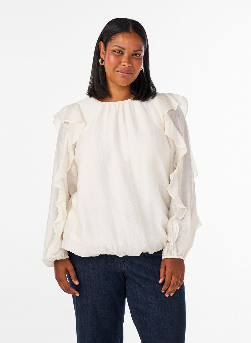 Bluse med rysjer og ballongfasong, Vanilje, Model image number 0