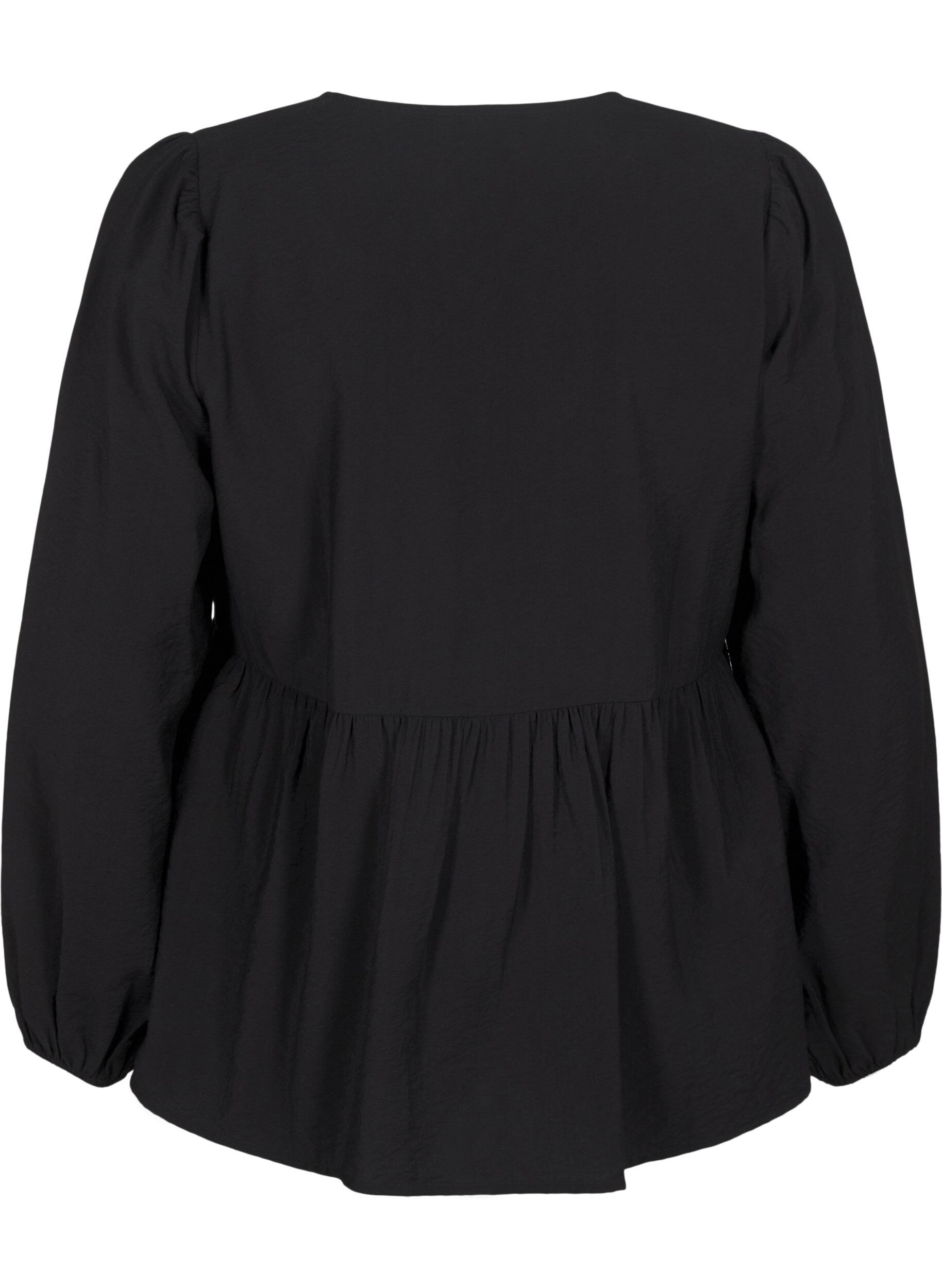 Zizzi Viskosebluse med sl&oslash;yfer og lange ermer, Black White Bow, Packshot image number 1