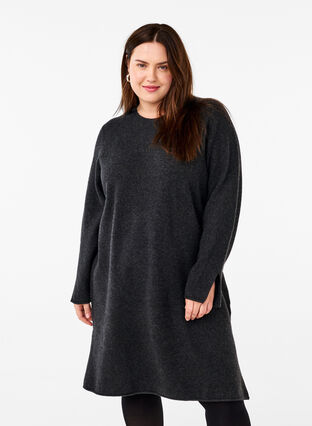 Zizzi Strikket kjole med rund hals og splitt, Dark Grey Melange, Model image number 0