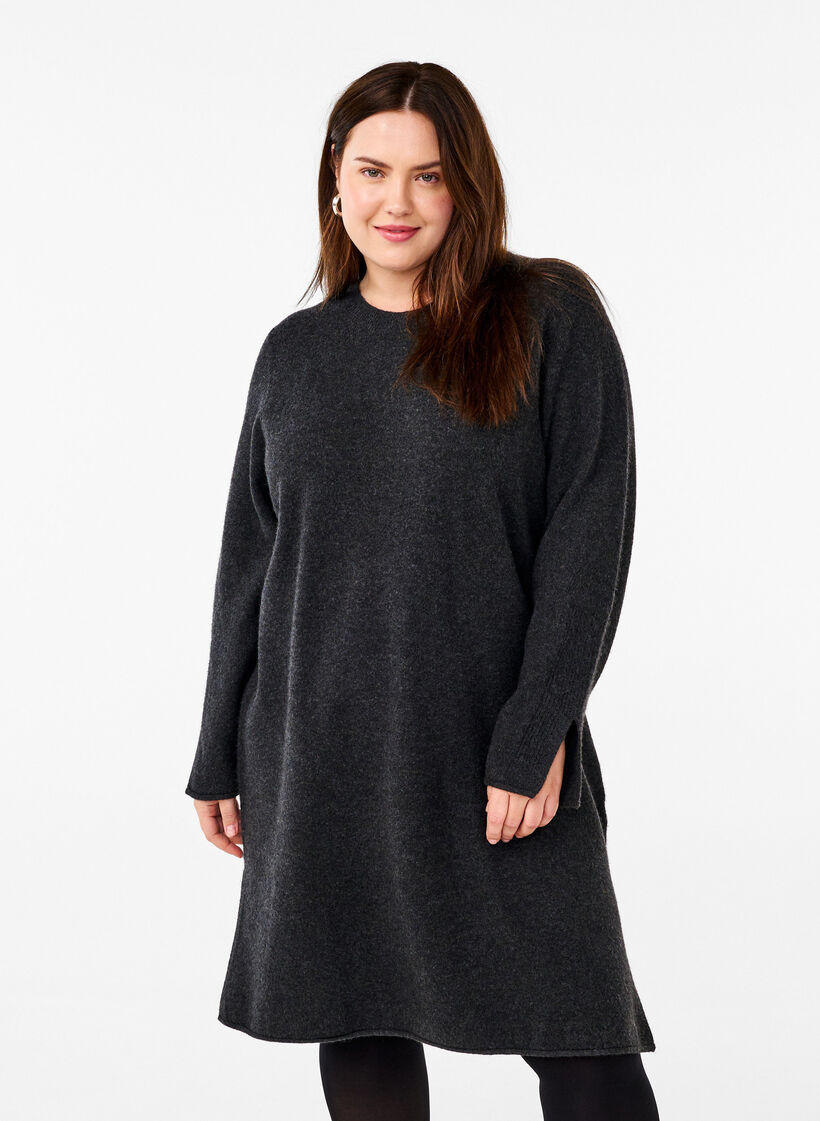Strikket kjole med rund hals og splitt, Dark Grey Melange, Model image number 0