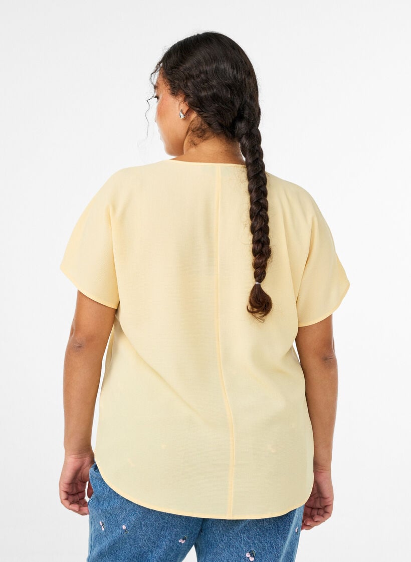 Bluse med korte ermer og rund hals, Gul, Model image number 2
