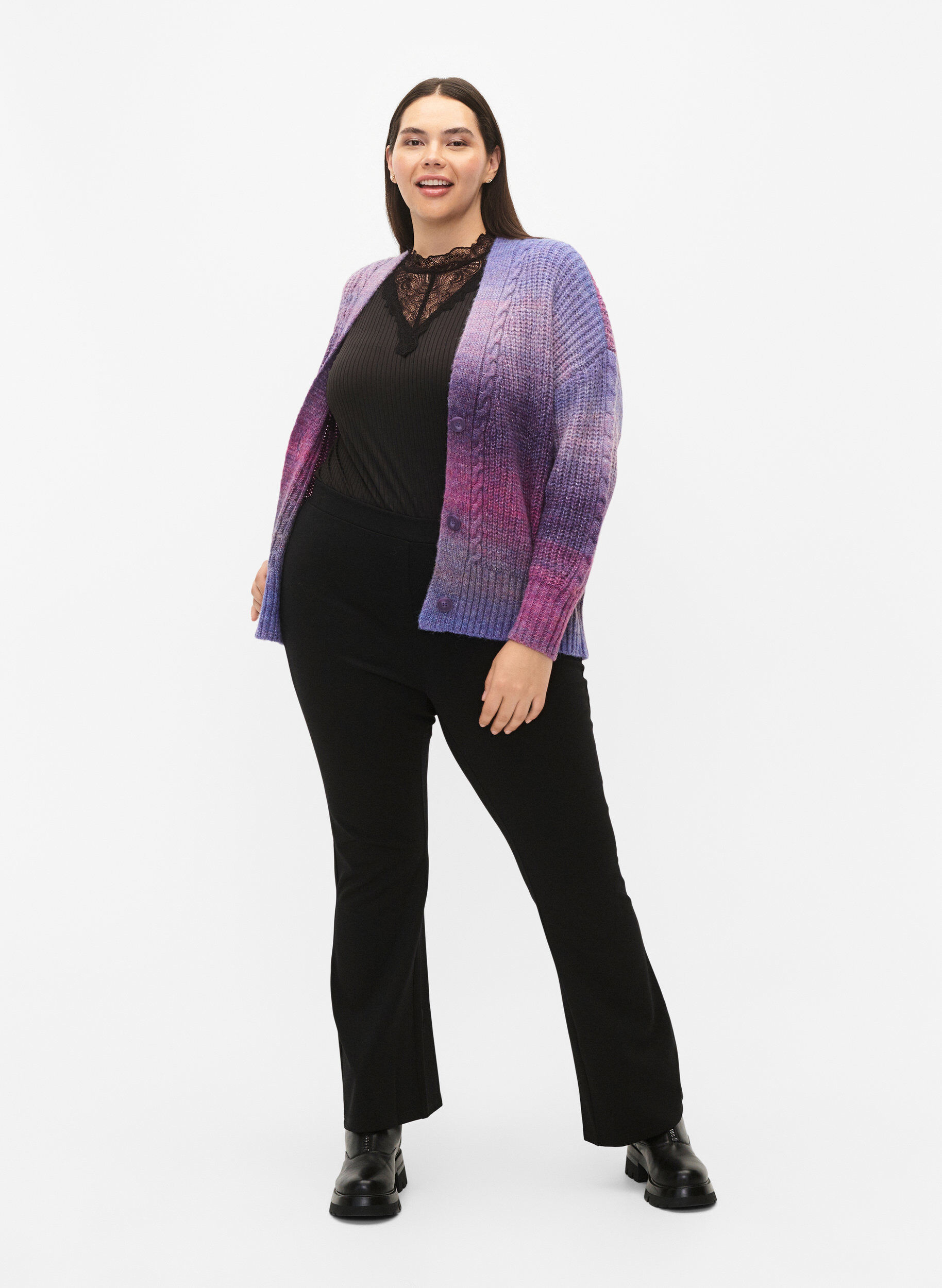 Zizzi Melange strikket cardigan med knapper, Pansy Mel. Comb, Model image number 4