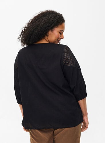 Bluse i bomullsblanding med lin og heklede detaljer, Black, Model image number 1