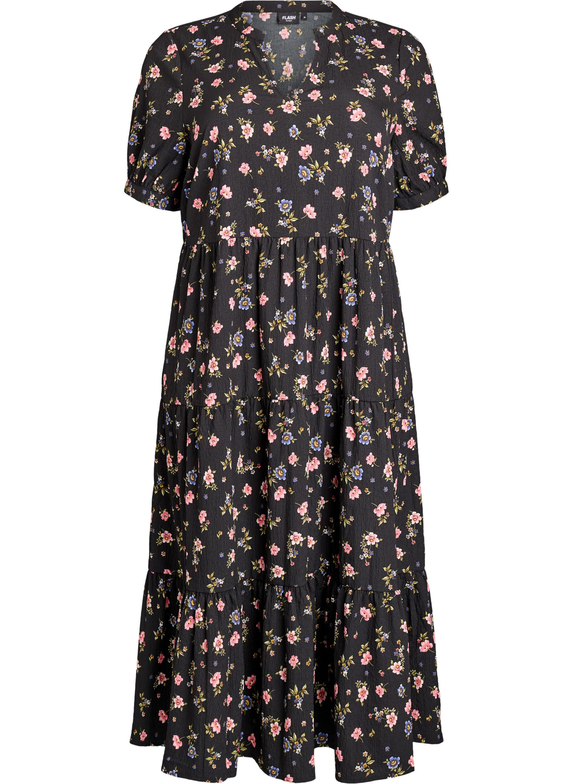 Ankellang kjole med korte ermer og lagdelte volanger