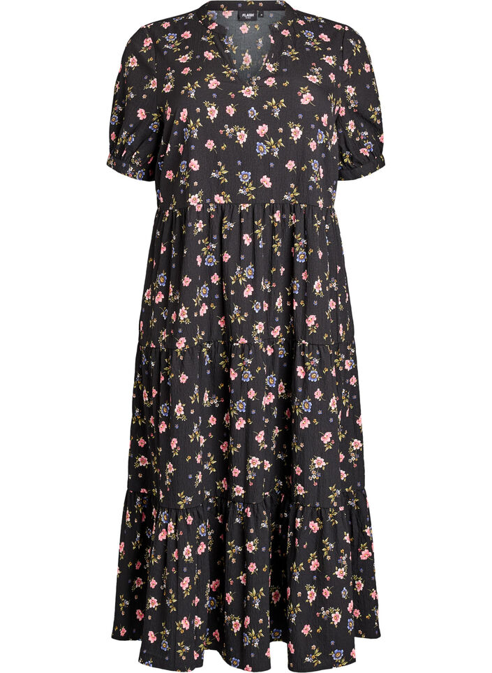 Ankellang kjole med korte ermer og lagdelte volanger, Svart, Packshot image number 0