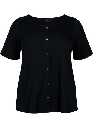 Kortermet ribbet T-skjorte med knapper, Black, Packshot image number 0