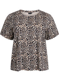 T-skjorte med rund hals og heldekkende trykk, Brown Leopard