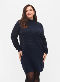 Strikkekjole med høy hals og paljetter, Navy Blazer, Model