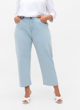 Zizzi Straight jeans med ankellengde, Light Blue Stripe, Model image number 2
