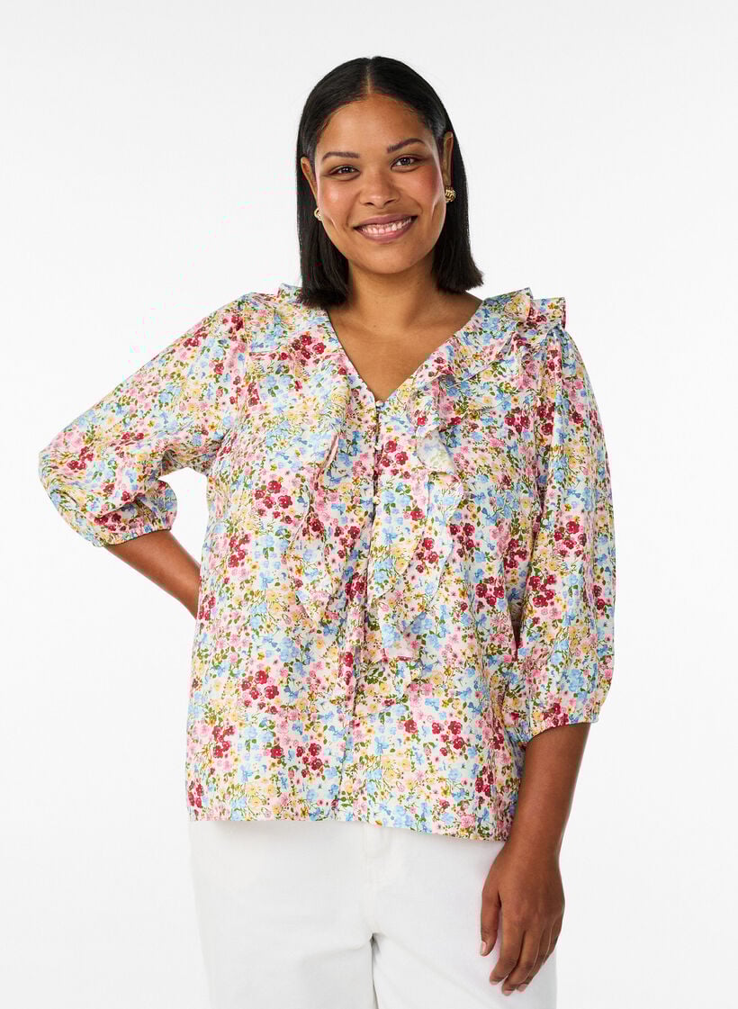 Viskose bluse med blomstertrykk og 3/4 ermer, Bl&aring;, Model image number 0