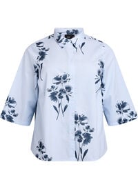 Stripete skjorte med blomstertrykk og 3/4-ermer, Blå Stripete skjorte med blomstertrykk og 3/4-ermer