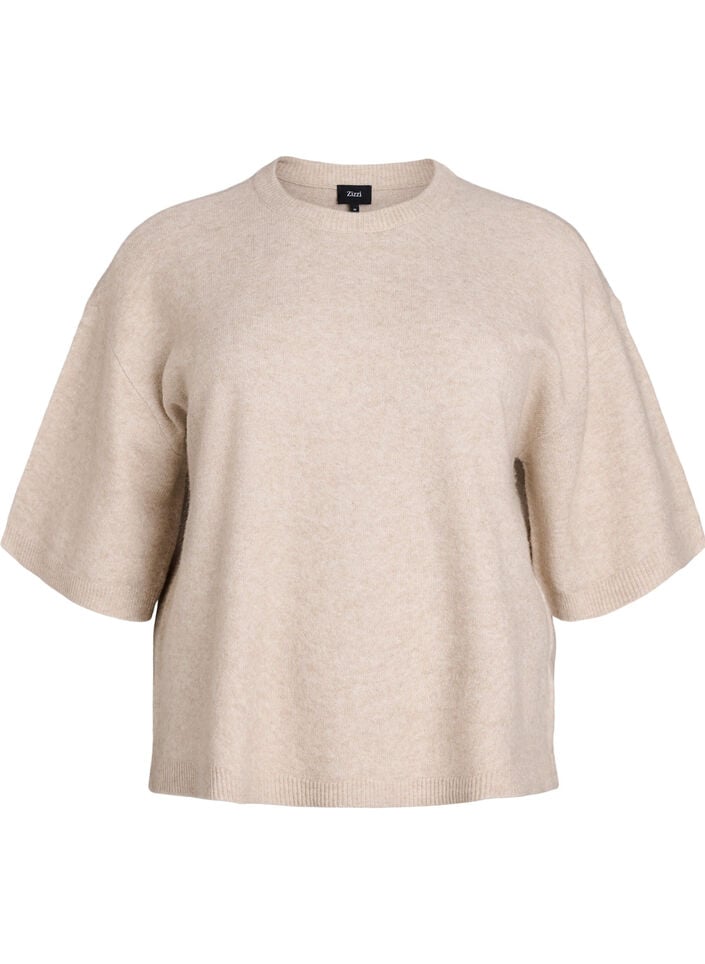 L&oslash;s strikket bluse med korte ermer, Beige, Packshot image number 0