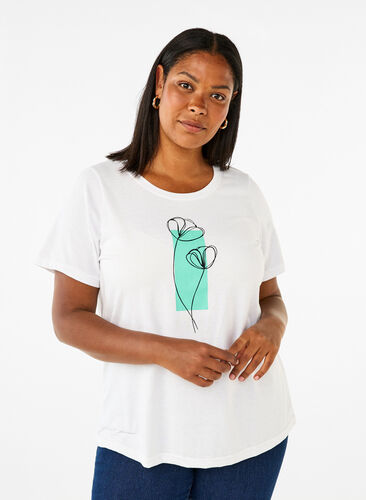 Zizzi FLASH - T-skjorte med motiv, Bright White Flower, Model image number 0