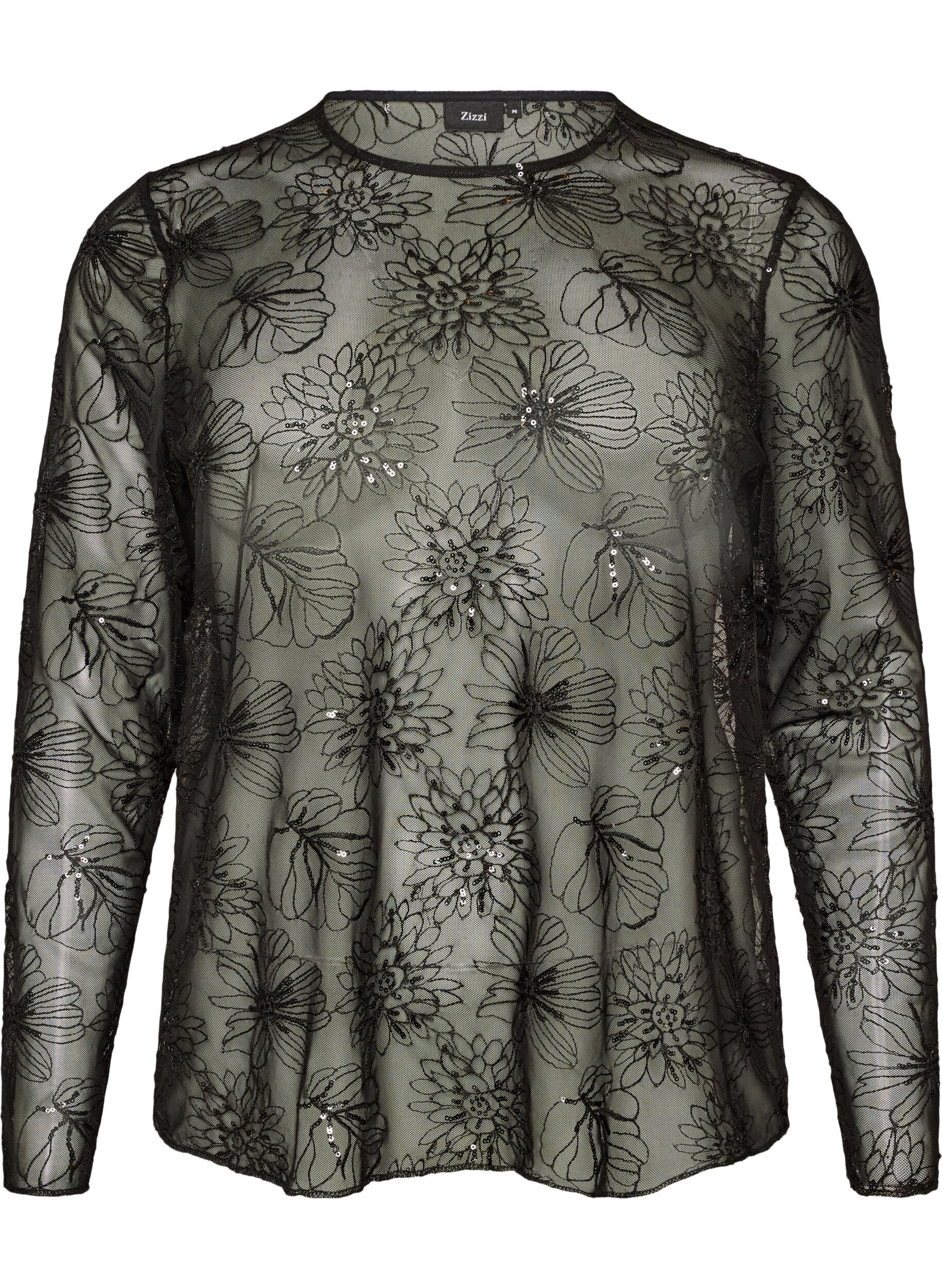 Bluse i mesh med blomster og paljetter