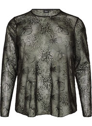 Bluse i mesh med blomster og paljetter, Svart