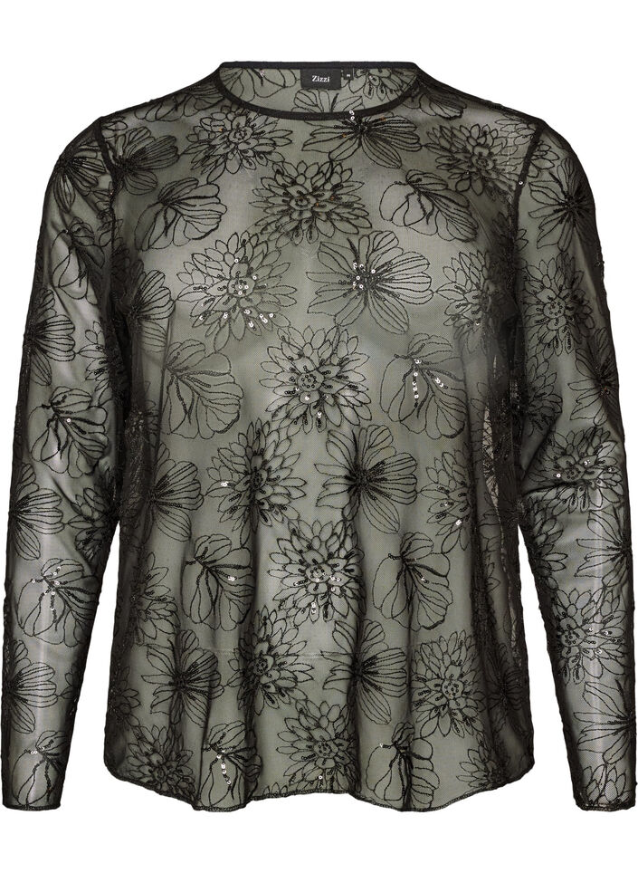 Bluse i mesh med blomster og paljetter, Svart, Packshot image number 0