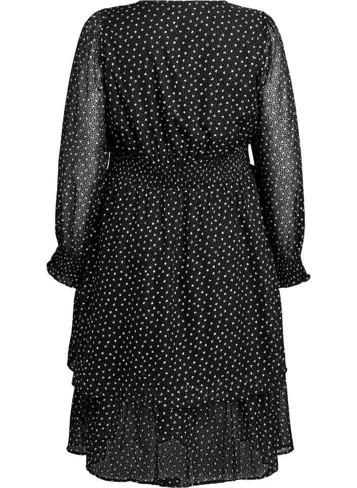 Midikjole i chiffon med prikkete mønster, Svart, Packshot image number 1