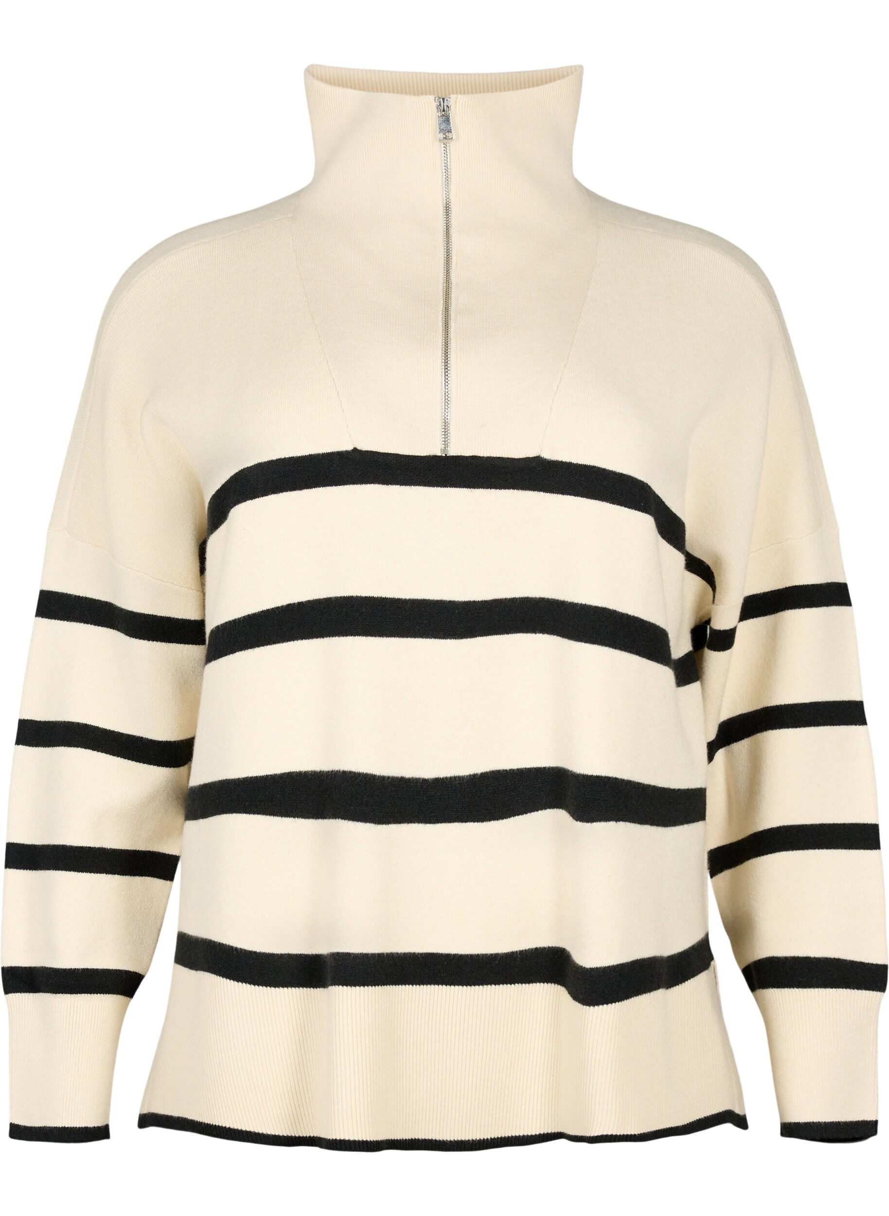 Zizzi Pullover med striper og h&oslash;y krage	, Birch w. Black, Packshot image number 0