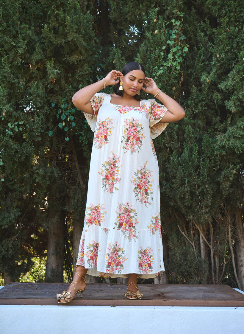 Lang kjole med kvadratisk utringning og blomster-motiver, Eggnog Flower, Image image number 0