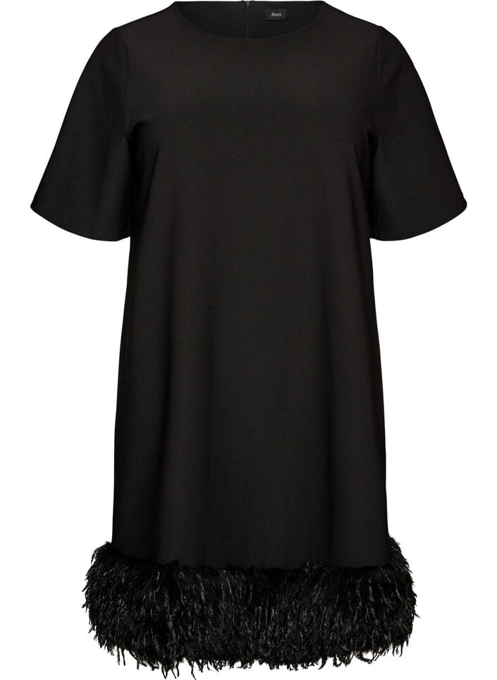 Kort jerseykjole med fj&aelig;rkant, Svart, Packshot image number 0