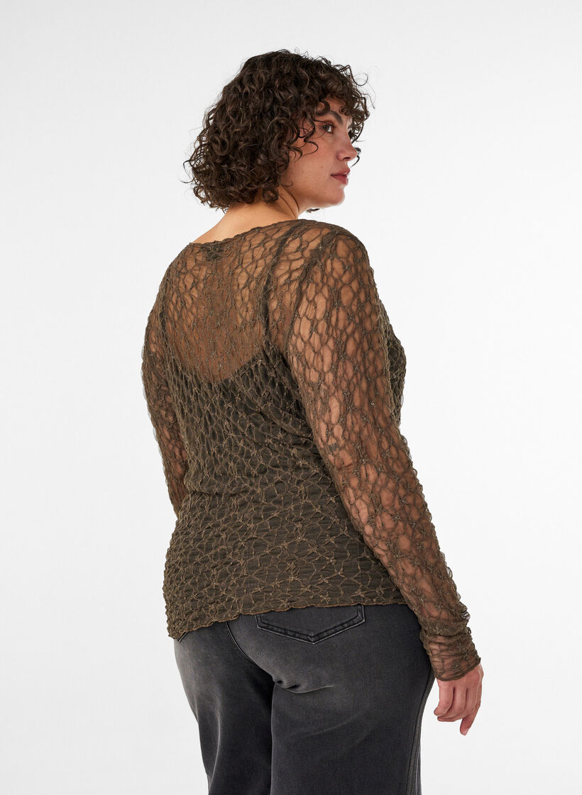Bluse i mesh med m&oslash;nster og glitrende tr&aring;d, Brun, Model image number 2