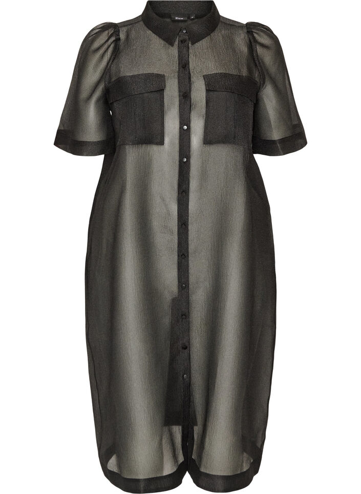 Organza kjole med brystlommer og puff ermer, Svart, Packshot image number 0