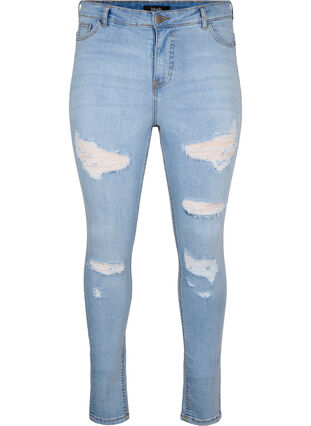 Slim-fit jeans med slitte detaljer, Light Blue, Packshot image number 0
