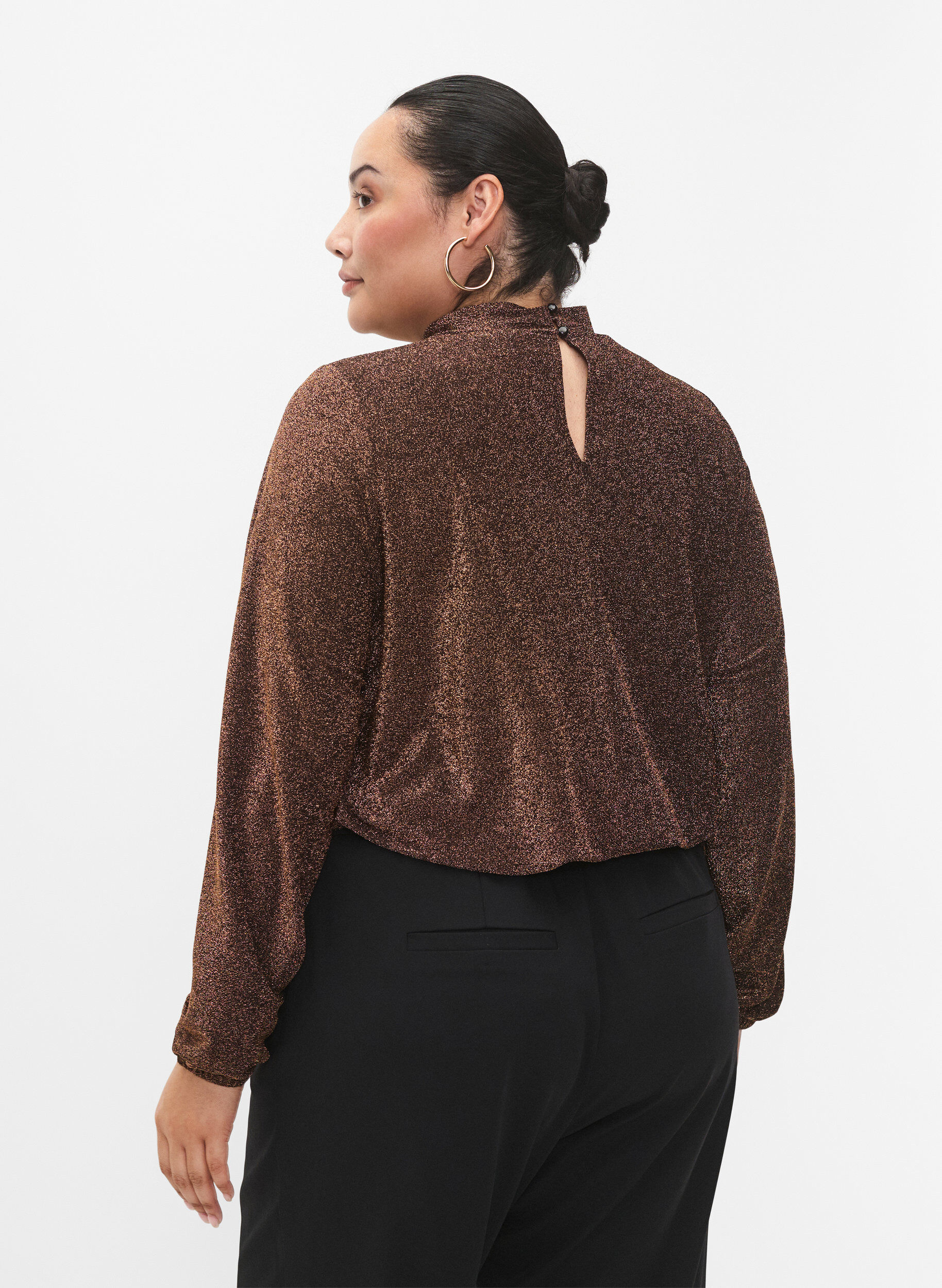 ZizziLangermet bluse med glitter, rund hals og V-detalj, Black Copper, Model image number 1