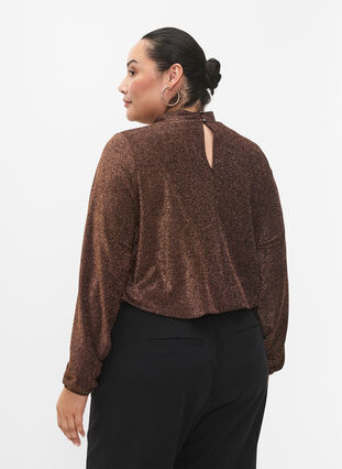 Langermet bluse med glitter, rund hals og V-detalj, Black Copper, Model image number 1