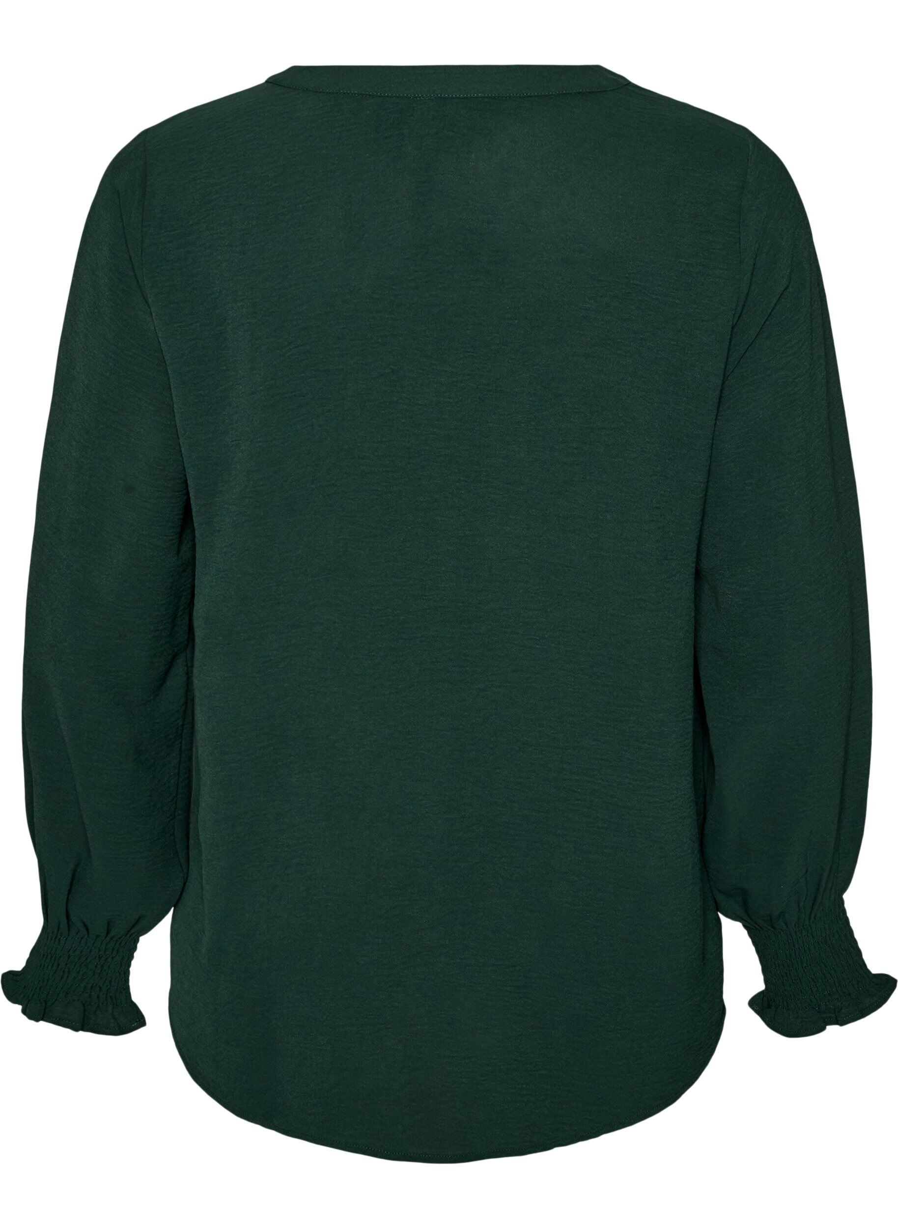 ZizziBluse med smockmansjetter og V-hals, Gr&oslash;nn, Packshot image number 1