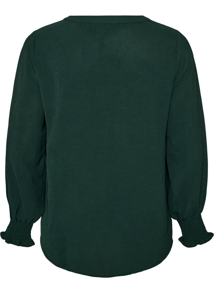 Bluse med smockmansjetter og V-hals, Gr&oslash;nn, Packshot image number 1