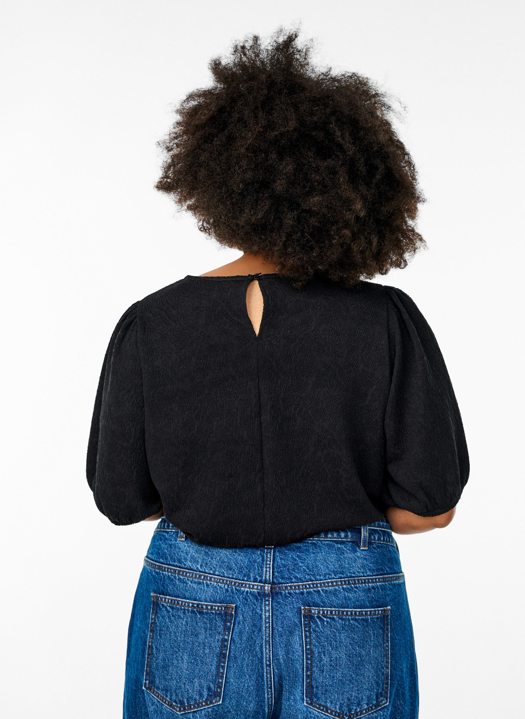 ZizziStrukturert bluse med korte ermer, Svart, Model image number 2