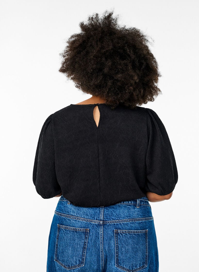 Strukturert bluse med korte ermer, Svart, Model image number 2