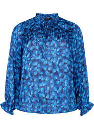Bluse med lange ermer, volanger og trykk, Navy Blazer Leaf AOP
