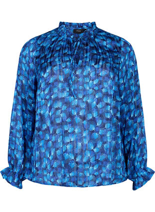 Bluse med lange ermer, volanger og trykk, Navy Blazer Leaf AOP, Packshot image number 0