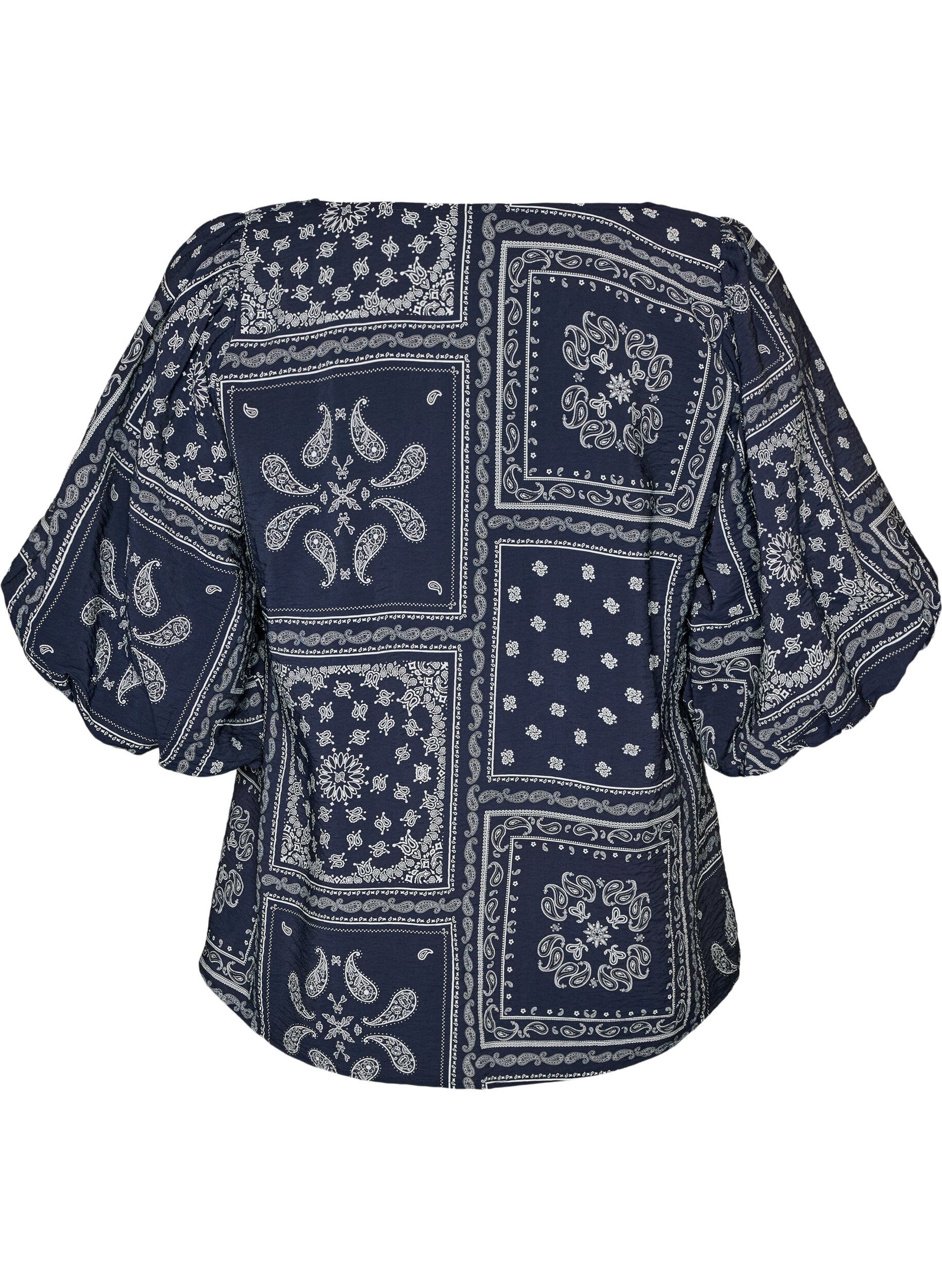 ZizziViskosebluse med paisleym&oslash;nster og ballongermer, Bl&aring;, Packshot image number 1