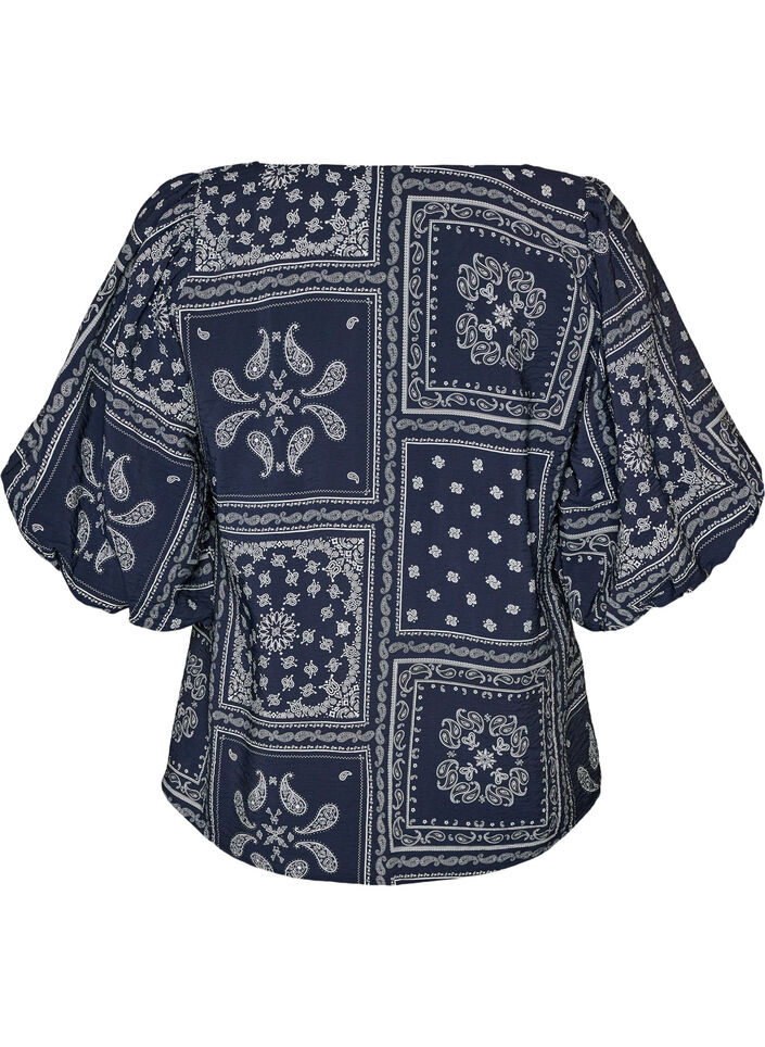 Viskosebluse med paisleym&oslash;nster og ballongermer, Bl&aring;, Packshot image number 1