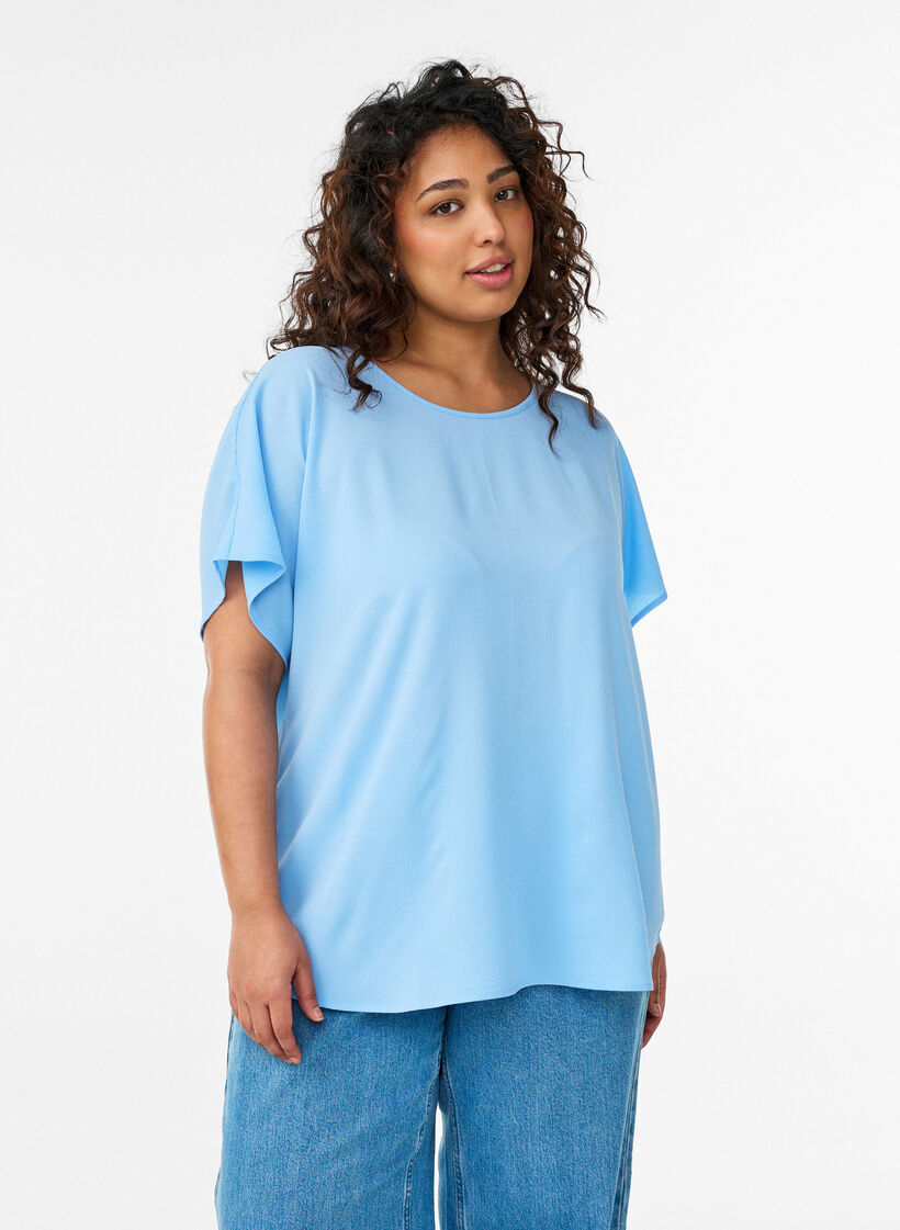 Bluse med korte ermer og rund hals, Bl&aring;, Model image number 0