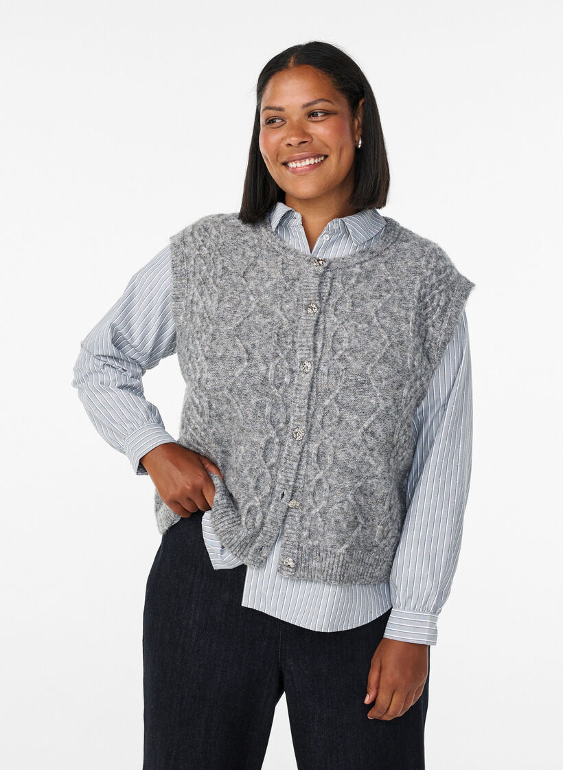 Mønstret strikkevest med dekorative knapper, Medium Grey Melange, Model