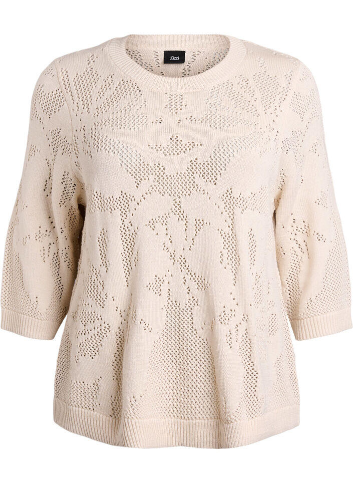 Strikket bluse med åpent mønster og 3/4-ermer, Birch, Packshot