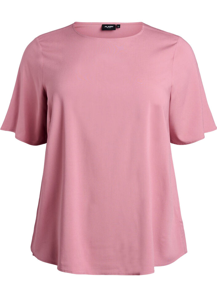 Vevet bluse med korte ermer og rund hals, Rosa, Packshot image number 0
