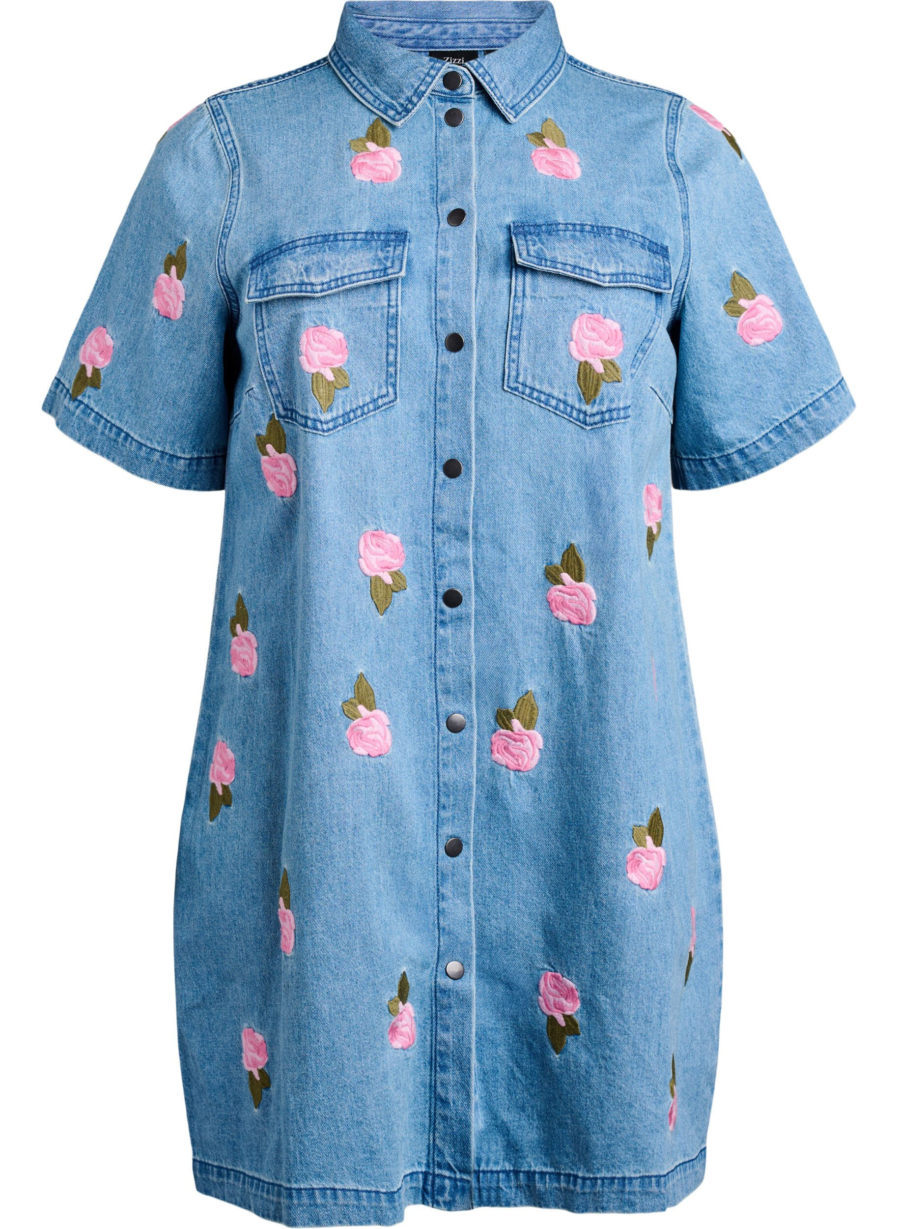 Zizzi Kort denimkjole med broderte blomster, LBD w. Flower, Packshot image number 0