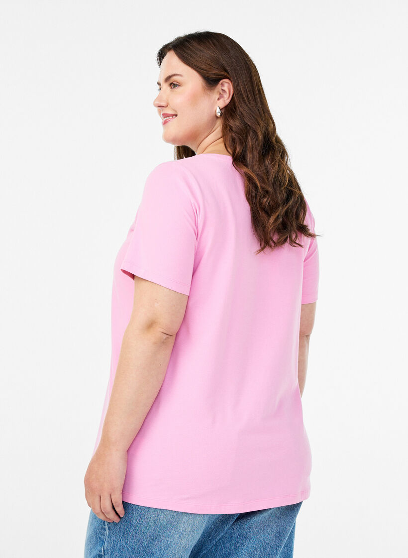 Ensfarvet basic bomulls T-skjorte, Rosa, Model image number 2
