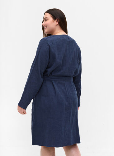Morgenkåpe i bomull med knyting, Navy Blazer, Model image number 1
