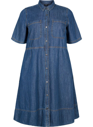 Skjortekjole i denim med korte ermer, Dark blue denim, Packshot image number 0