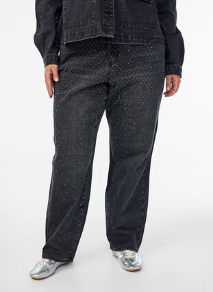 Zizzi Straight fit jeans med rhinesteiner og høy midje, Grå, Model image number 2